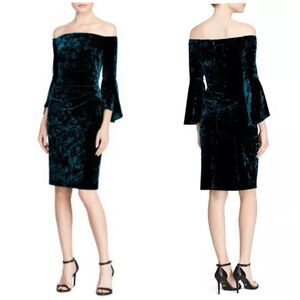 Ralph Lauren Off the shoulder Green Velvet Dress Bell Sleeve Ruching Size 4